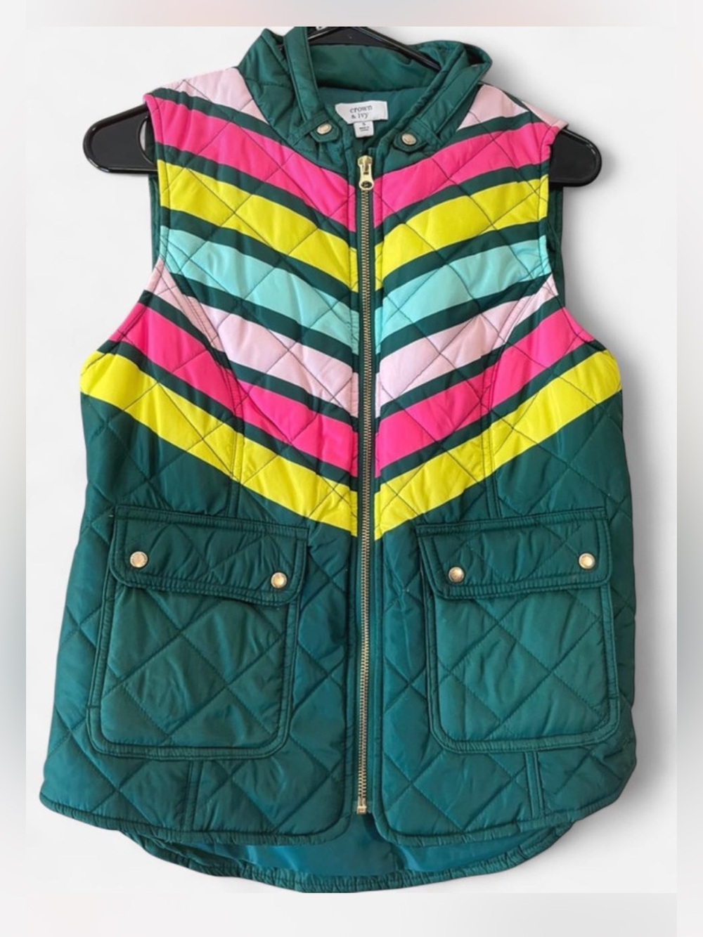 crown & ivy Quilted Chevron Vest - Teal, Pink & Gold Trim